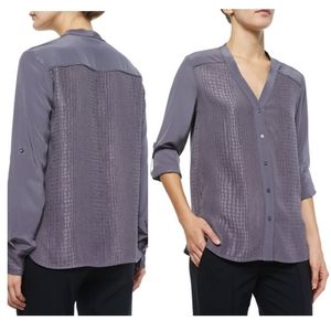 VINCE Silk Crocodile Embossed Blouse Long Tab Sleeve Grey Gray Top Button Down S